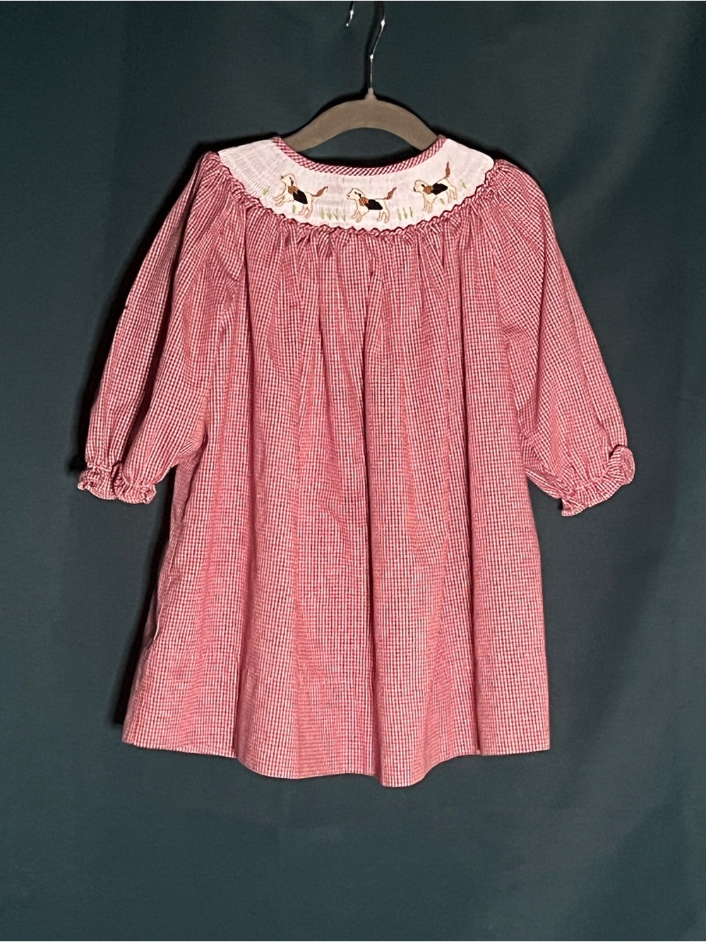 Red Smocked Plaid Girls' Long-Sleeve Dress - with dogs embroidered on the collar